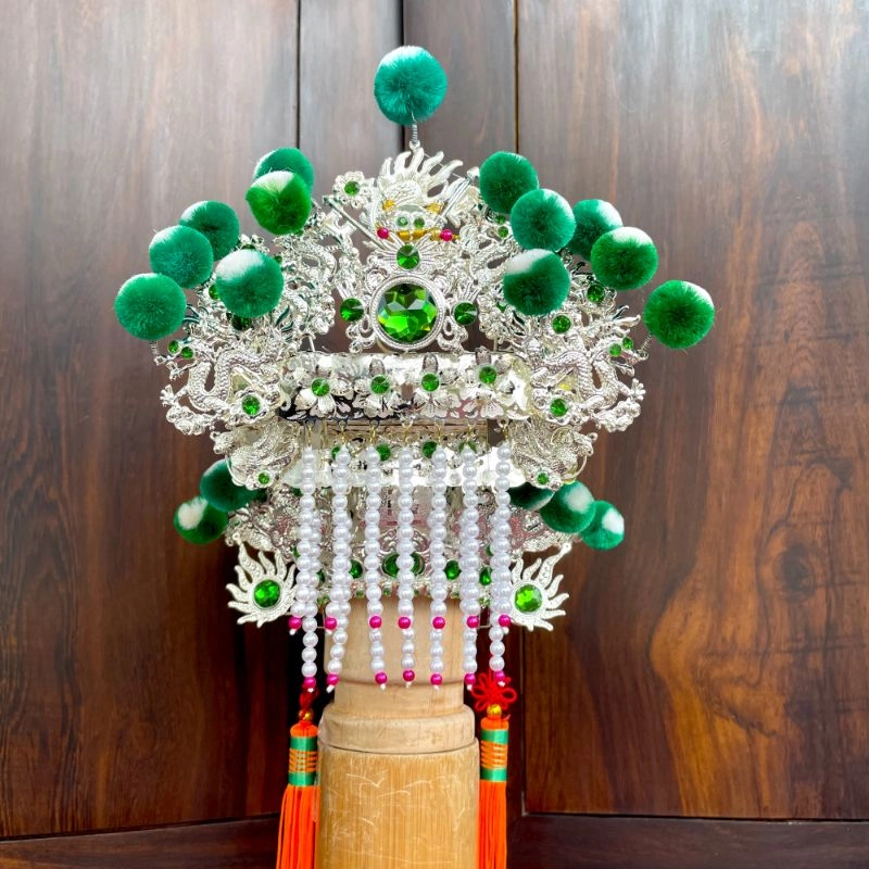 臺灣柳絲帽_銀底綠絨球